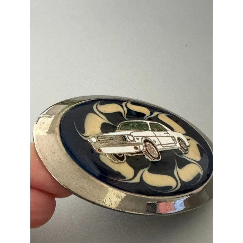 Vintage Ford Mustang Belt Buckle White Muscle Car Enamel Blue Swirl Oval Retro